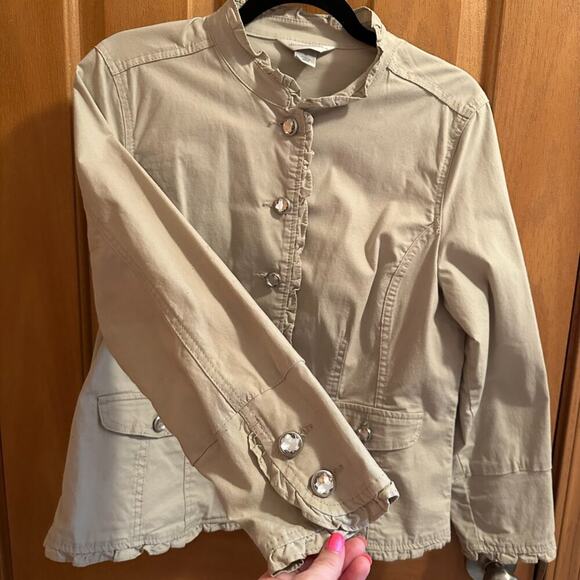 Fitted Ruffle Beige Khaki Jacket Clear Rhinestone Gem Button Up - Size M - Picture 2 of 15